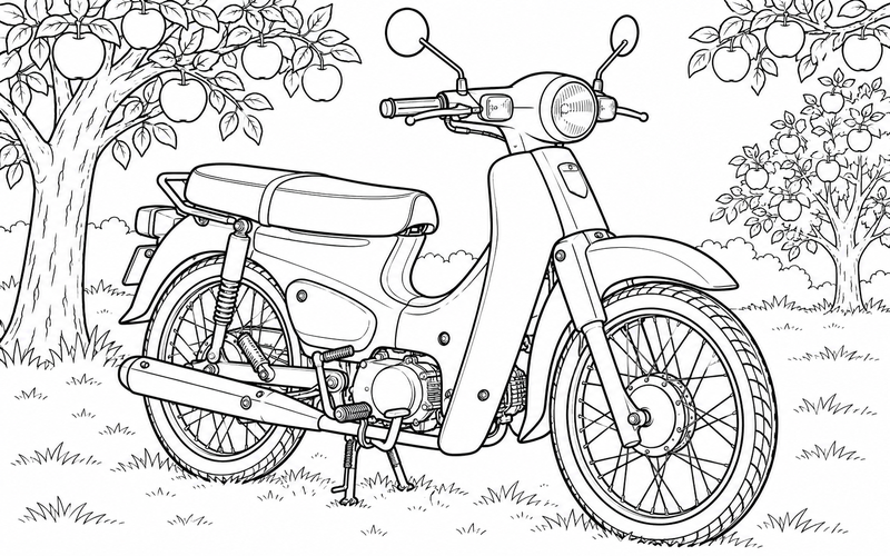 Tranh tô màu xe máy bên những cây táo