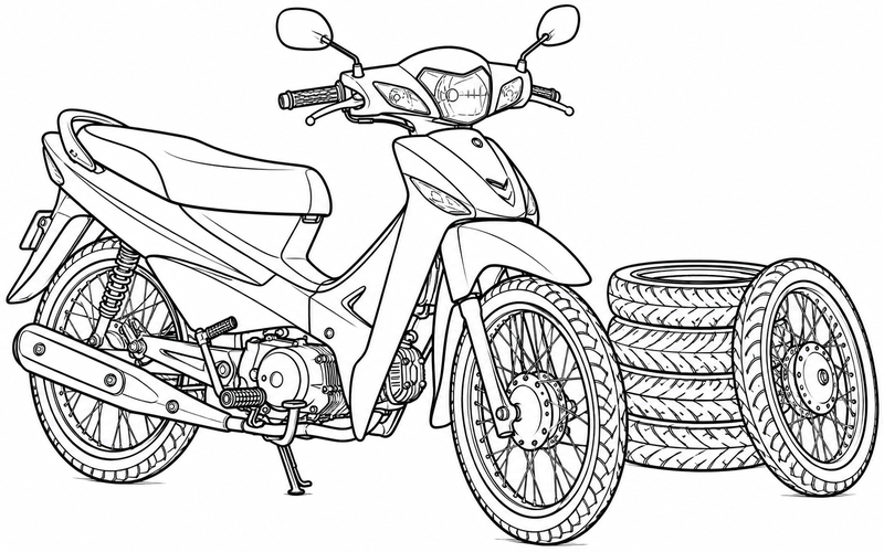 Tranh tô màu xe máy cạnh chồng bánh xe dự phòng