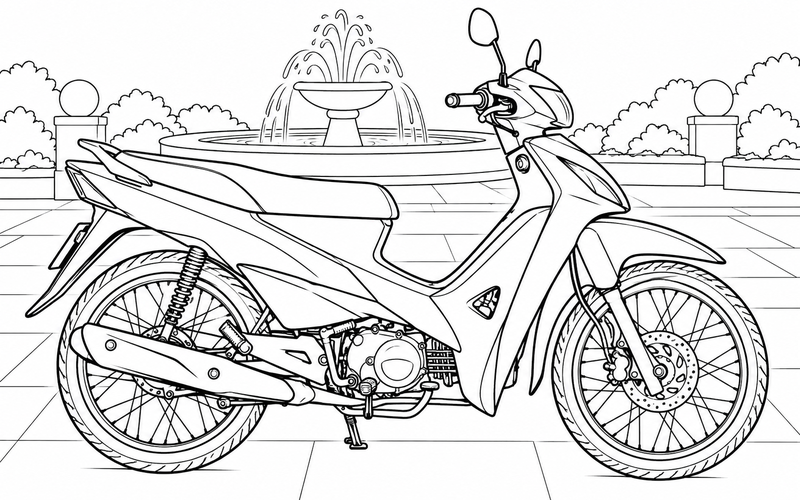 Tranh tô màu xe máy trên sân có đài phun nước nhỏ