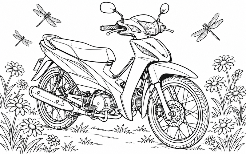 Tranh tô màu xe máy giữa hoa cúc và chuồn chuồn