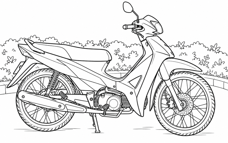 Tranh tô màu xe máy cạnh hàng cây uốn cong