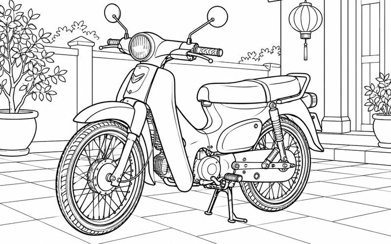 Tranh tô màu xe máy trong sân lát gạch có đèn lồng