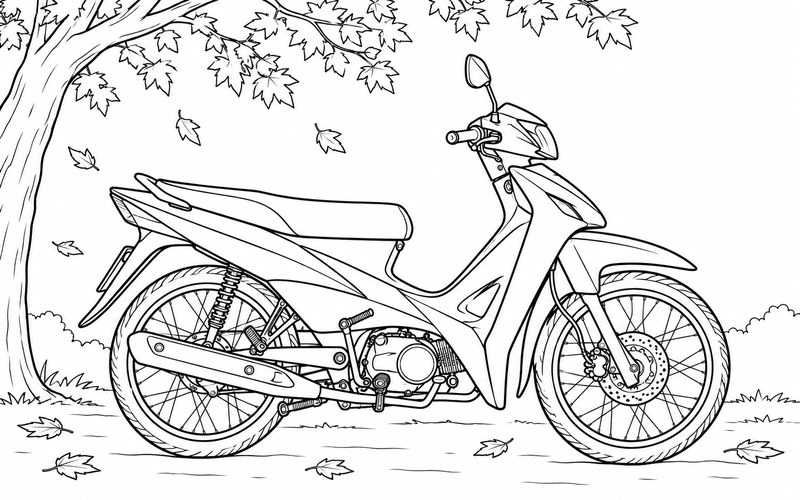 Tranh tô màu xe máy dưới cành cây mùa thu