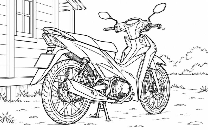 Tranh tô màu xe máy bên ngôi nhà gỗ