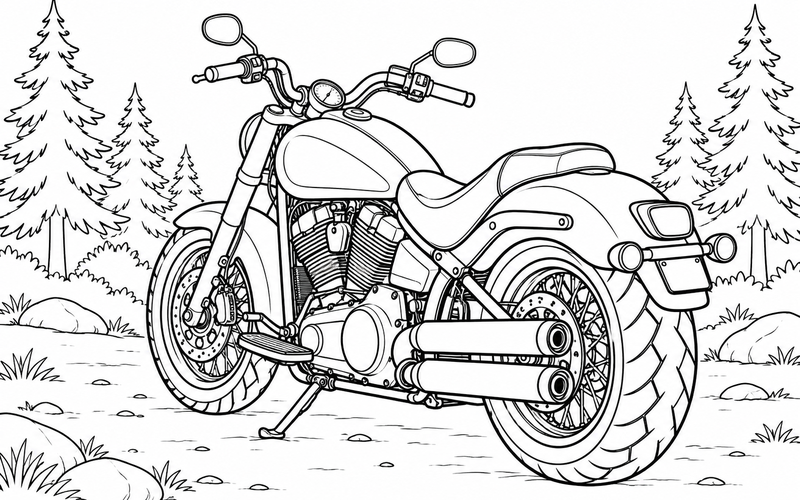 Tranh tô màu xe mô tô phân khối lớn giữa những cây thông