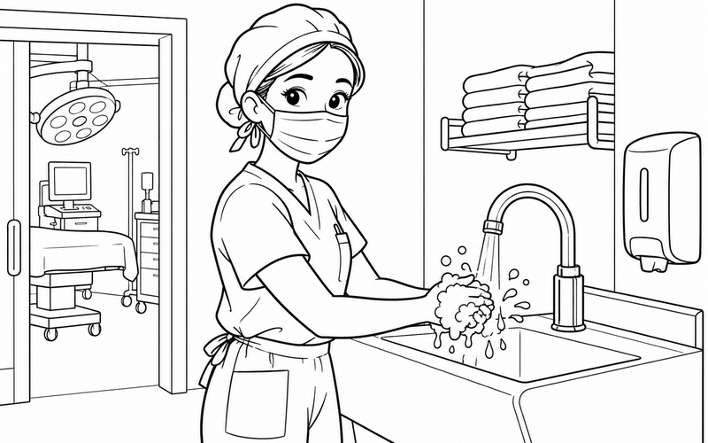 Tranh tô màu bác sĩ phẫu thuật rửa tay trước ca trực – hình 01