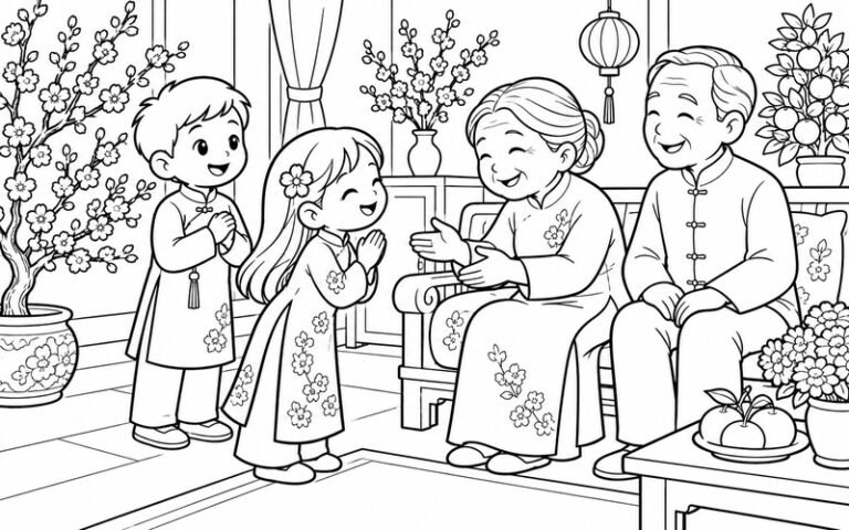 31 Tranh Tô Màu Bé Chúc Tết Ông Bà Đong Đầy Yêu Thương