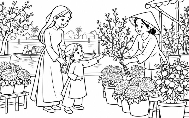 35 Tranh Tô Màu Chợ Hoa Ngày Tết Với Những Góc Xuân Rực Rỡ