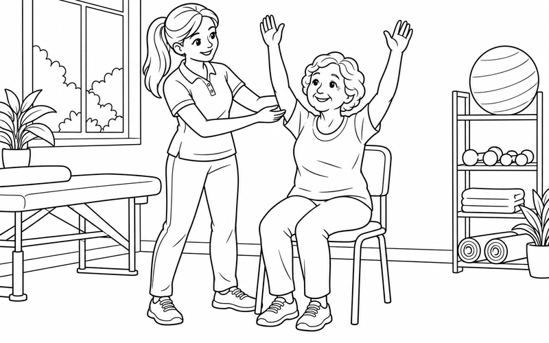 Tranh tô màu chuyên viên vật lý trị liệu hướng dẫn người cao tuổi nâng tay khi ngồi