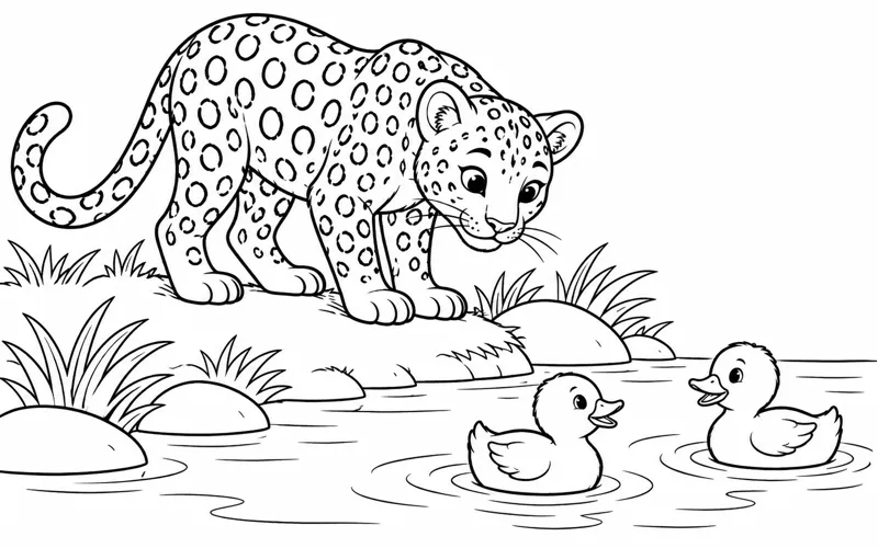 Tranh tô màu báo đốm ngắm hai chú vịt dưới ao