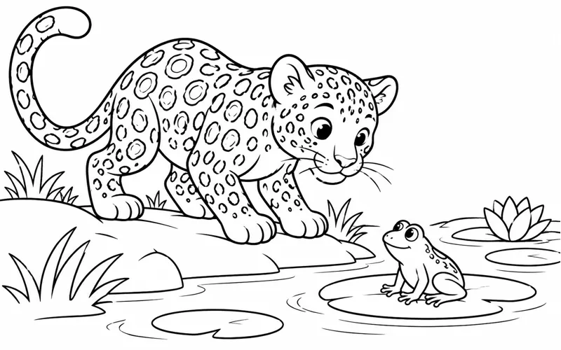 Tranh tô màu báo đốm ngắm ếch trên lá sen