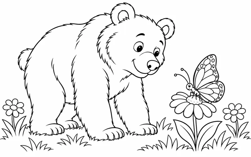 Tranh tô màu gấu nâu ngắm bướm trên bông hoa