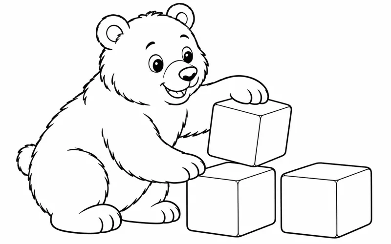 Tranh tô màu gấu nâu chơi xếp các khối hộp