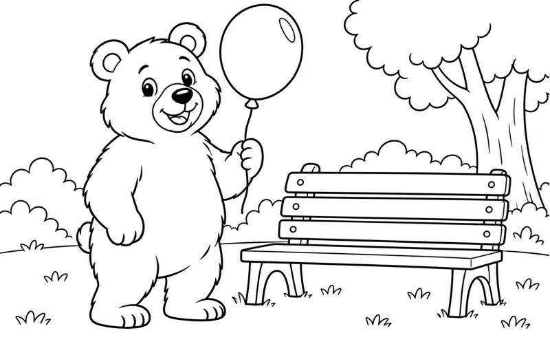 Tranh tô màu gấu nâu giữ bóng bay bên ghế công viên