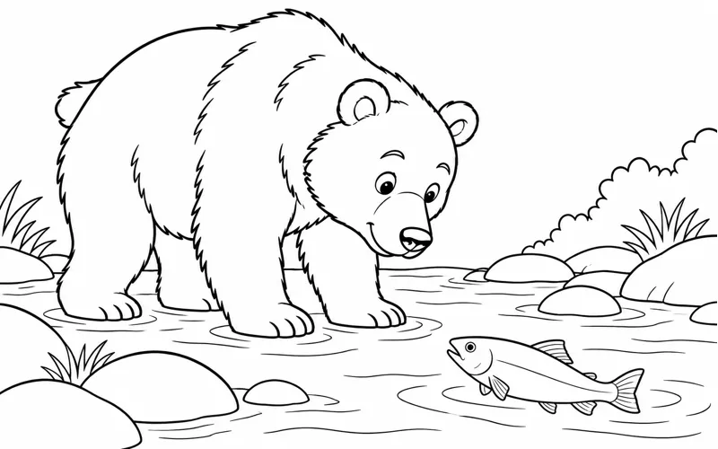 Tranh tô màu gấu nâu nhìn cá dưới dòng suối nông