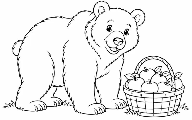 Tranh tô màu gấu nâu đứng bên giỏ táo