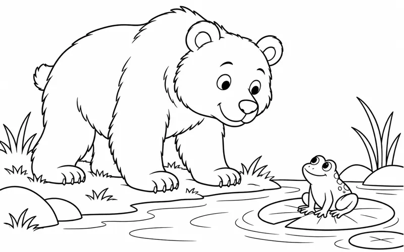 Tranh tô màu gấu nâu ngắm ếch trên lá sen