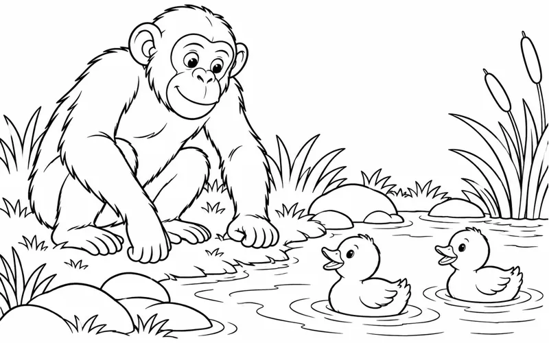 Tranh tô màu tinh tinh ngắm hai chú vịt dưới ao