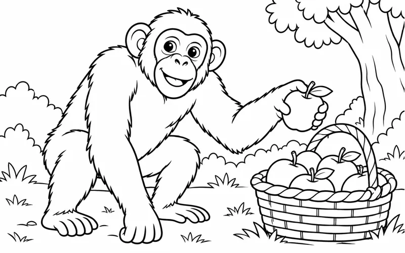 Tranh tô màu tinh tinh đứng bên giỏ táo