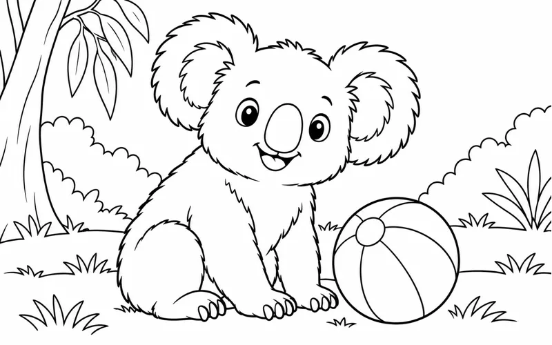 Tranh tô màu koala ngồi bên quả bóng tròn