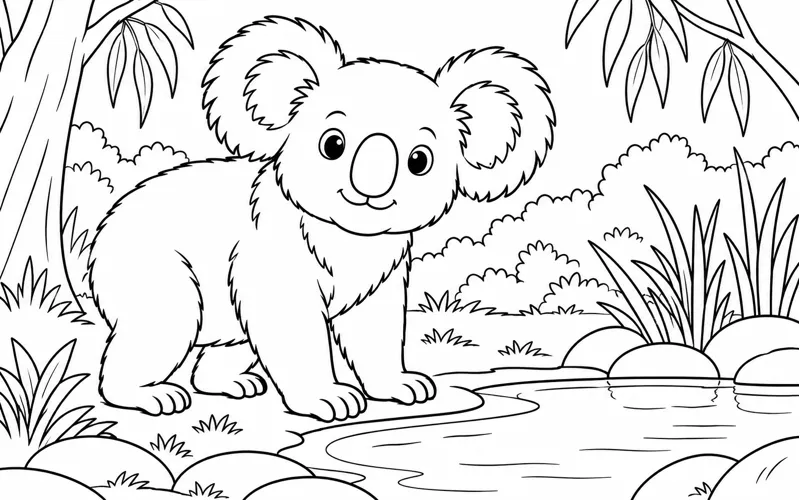 Tranh tô màu koala dạo quanh bờ ao