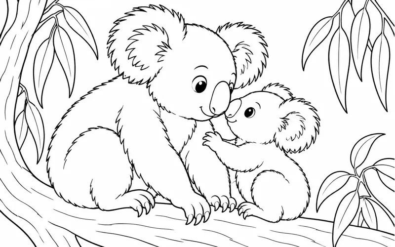 Tranh tô màu koala lớn và con nhỏ chạm mũi