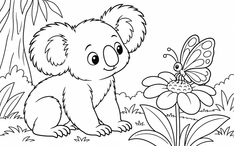 Tranh tô màu koala ngắm bướm trên bông hoa