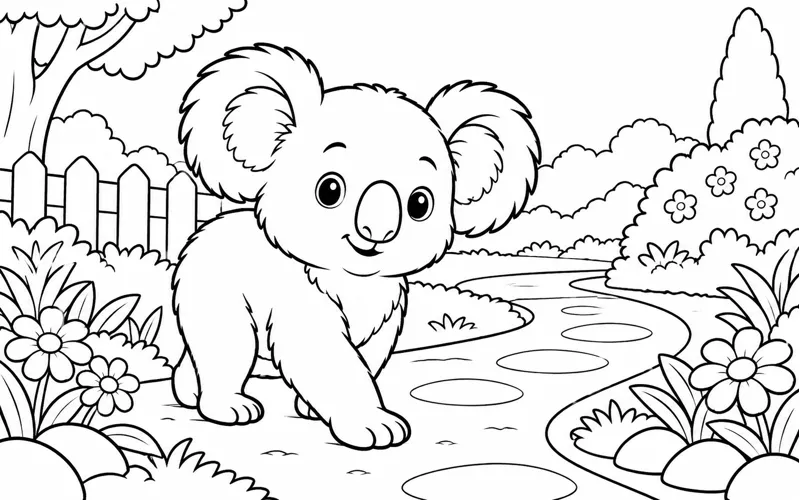 Tranh tô màu koala đi trên con đường nhỏ trong vườn