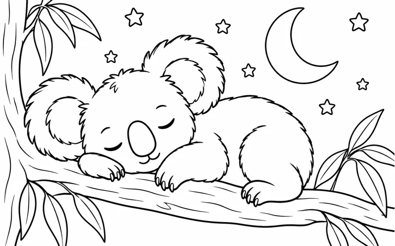 Tranh tô màu koala ngủ dưới trăng và những ngôi sao