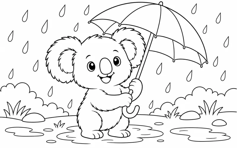 Tranh tô màu koala che ô trong cơn mưa nhẹ