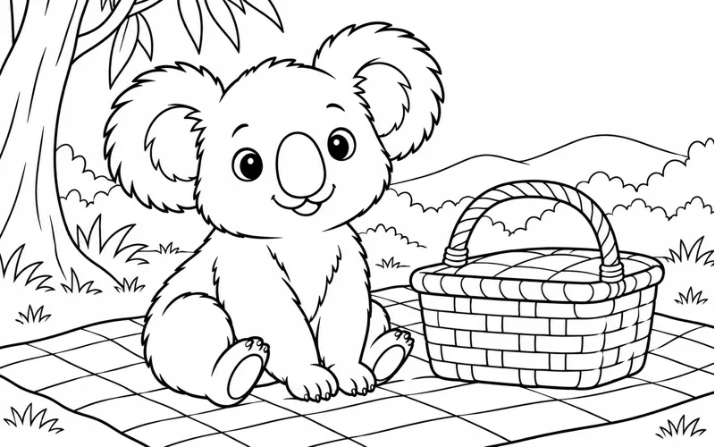 Tranh tô màu koala nghỉ bên giỏ dã ngoại và tấm thảm