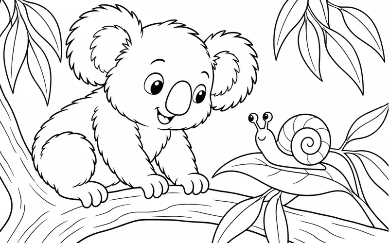 Tranh tô màu koala nhìn ốc sên trên chiếc lá