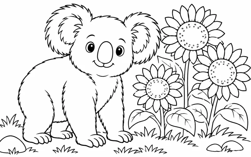 Tranh tô màu koala đứng cạnh hoa hướng dương
