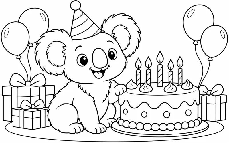 Tranh tô màu koala đội mũ bên bánh sinh nhật