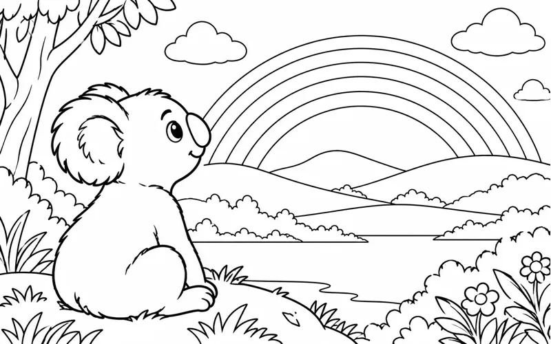 Tranh tô màu koala ngắm cầu vồng phía trên đồi