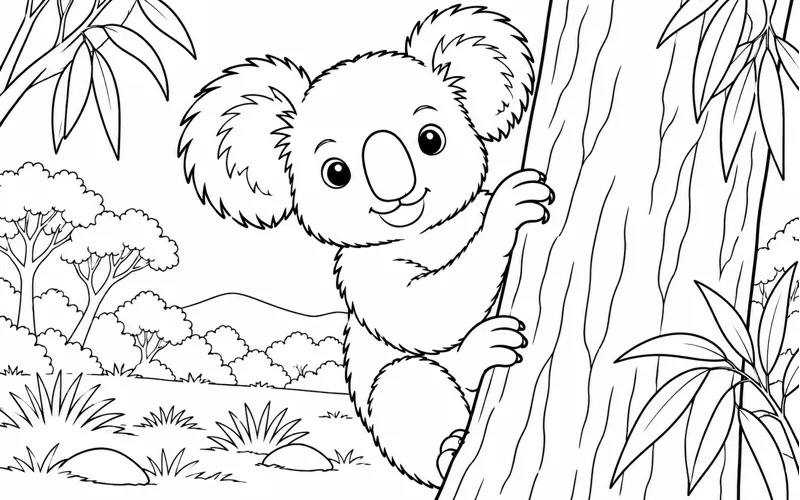 Tranh tô màu koala ló đầu sau thân cây lớn