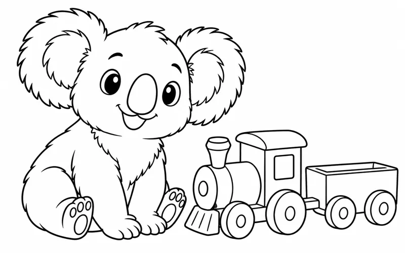 Tranh tô màu koala ngồi cạnh đoàn tàu đồ chơi