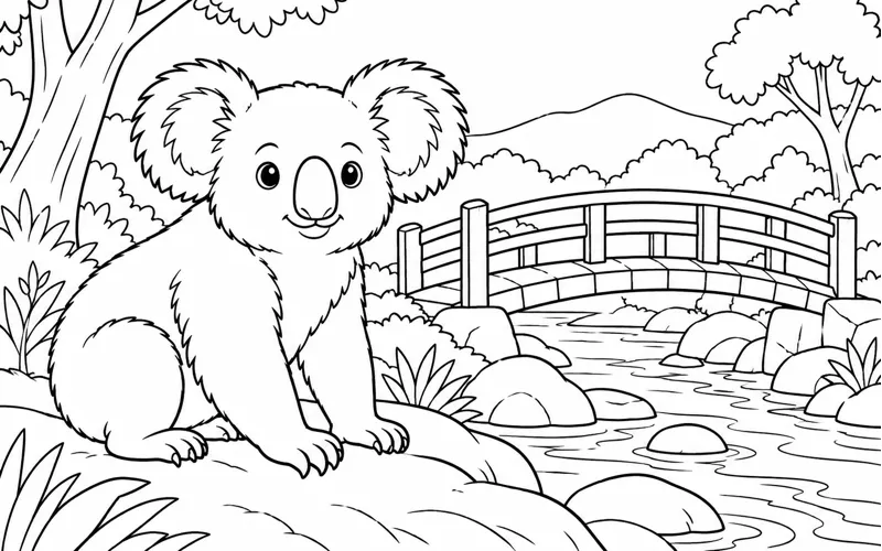 Tranh tô màu koala đứng bên cây cầu nhỏ