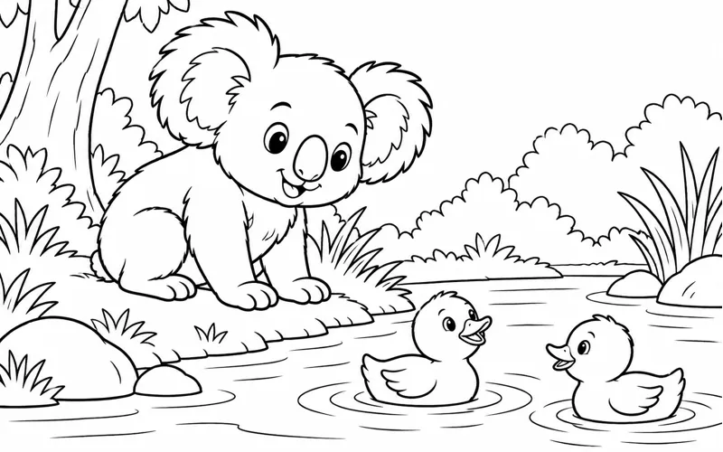 Tranh tô màu koala ngắm hai chú vịt dưới ao