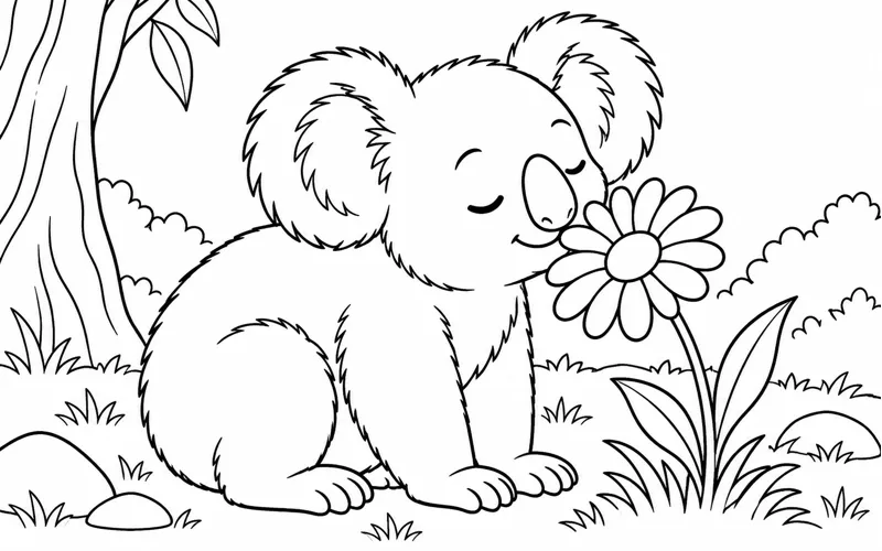Tranh tô màu koala ngửi một bông hoa cúc