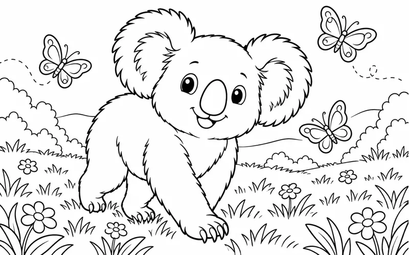 Tranh tô màu koala đi giữa bãi cỏ có bướm bay