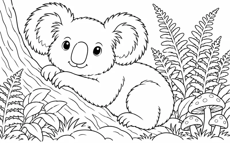 Tranh tô màu koala nghỉ bên dương xỉ và những cây nấm