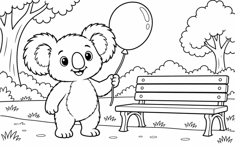 Tranh tô màu koala giữ bóng bay bên ghế công viên