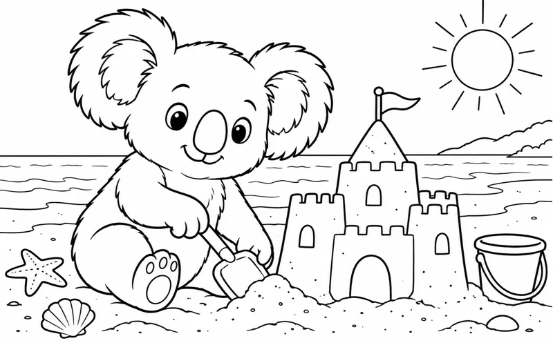 Tranh tô màu koala ngồi cạnh lâu đài cát