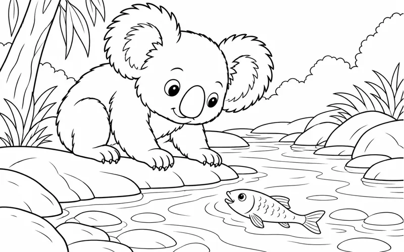 Tranh tô màu koala nhìn cá dưới dòng suối nông