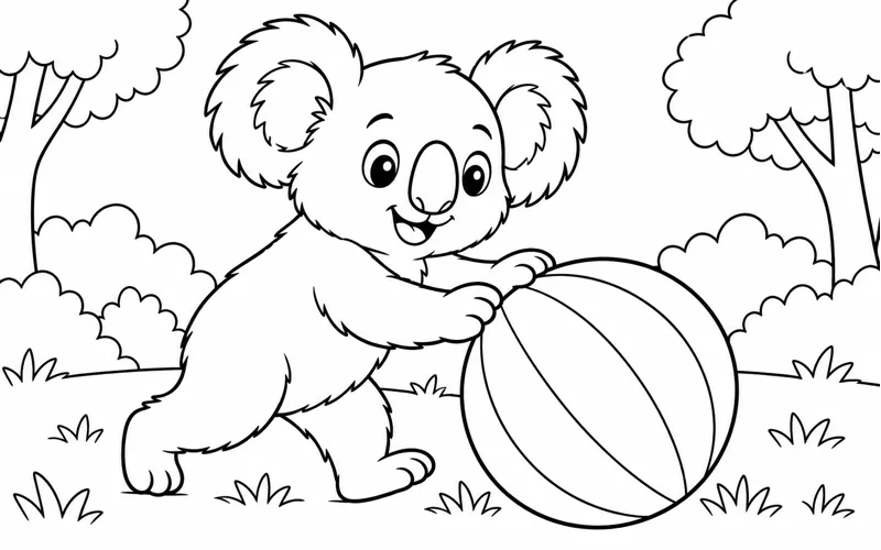 Tranh tô màu koala lăn quả bóng có đường sọc