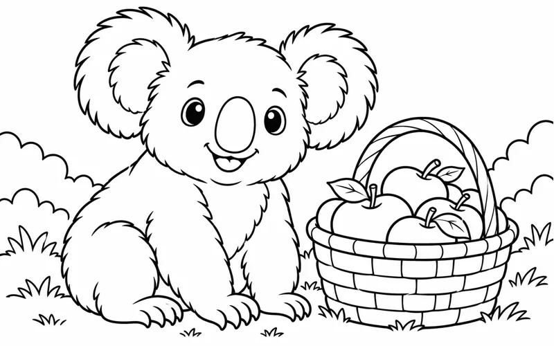 Tranh tô màu koala đứng bên giỏ táo
