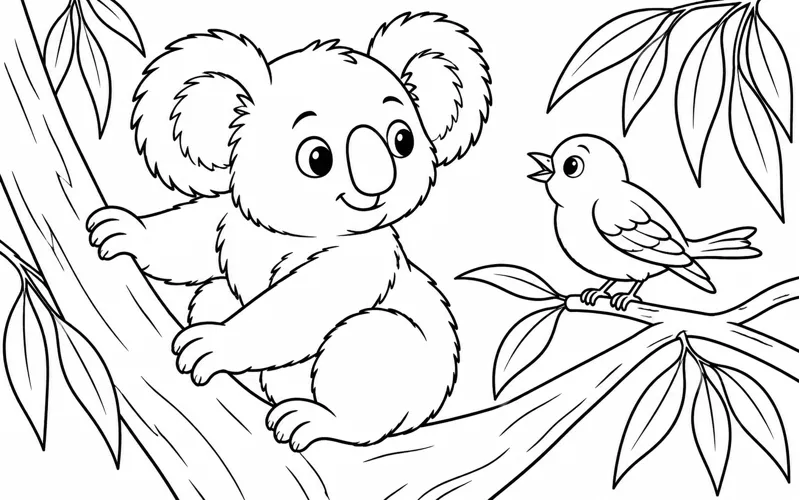 Tranh tô màu koala ngắm chim đậu trên cành