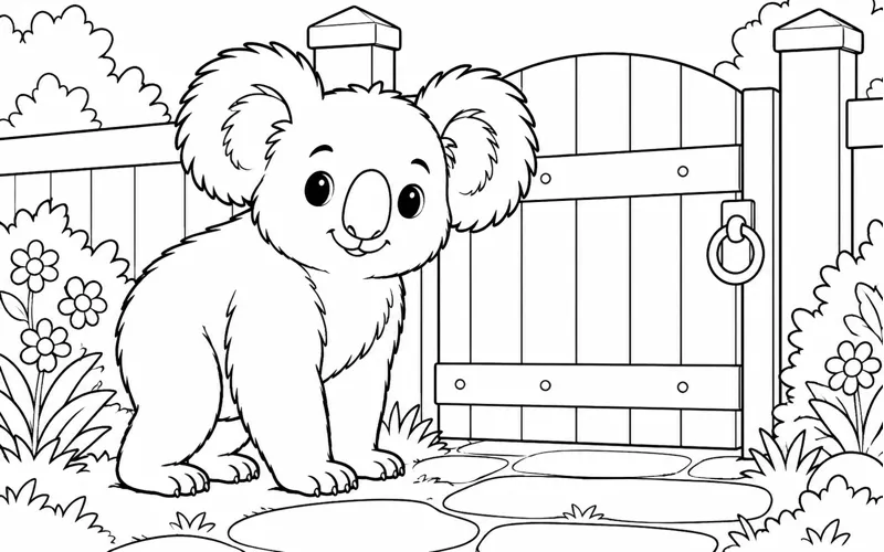 Tranh tô màu koala chào bên cổng vườn