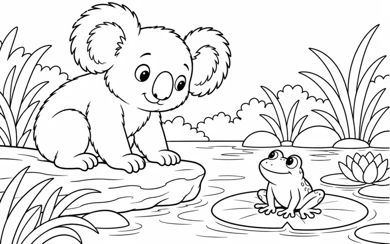 Tranh tô màu koala ngắm ếch trên lá sen